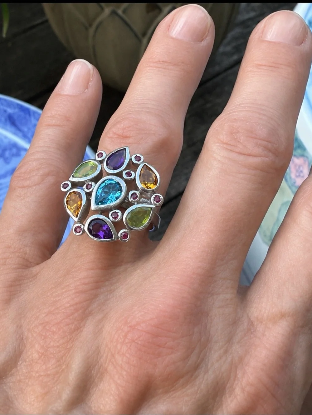 Vamijewells Natural Multi-Gemstone 925 Sterling Silver Statement Ring